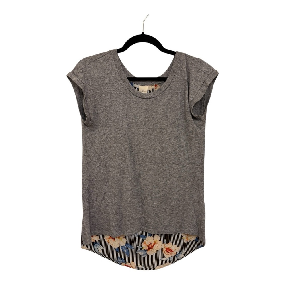 Kaileigh Gray High-Low Tee | Floral Trim Mixed Media Casual Top Weekend Small